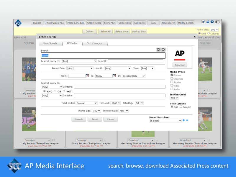 The SCC MediaServer AP Media Interface adds search, browse and delivery capability to SCC's Web client application for single stop access to Associated Press editorial and creative content