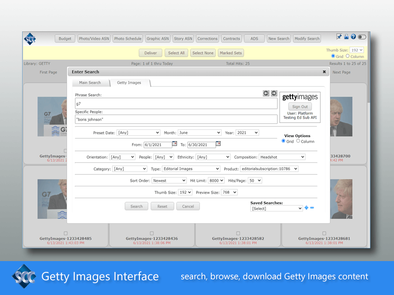 The SCC MediaServer Getty Images Interface adds search, browse and delivery capability to SCC's Web client application for single stop access to Getty Images editorial and creative content.