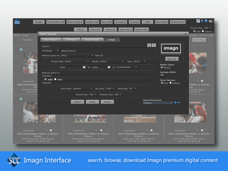 The SCC MediaServer Imagn Interface adds search, browse and delivery capability to SCC's Web client application for single stop access to Imagn premium digital media content.