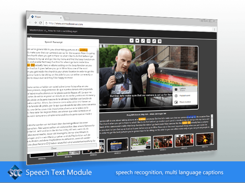 SCC Speech Text Module, Transcribe, Navigate, add Closed Captions within SCC MediaServer Digital Asset Management (DAM) System